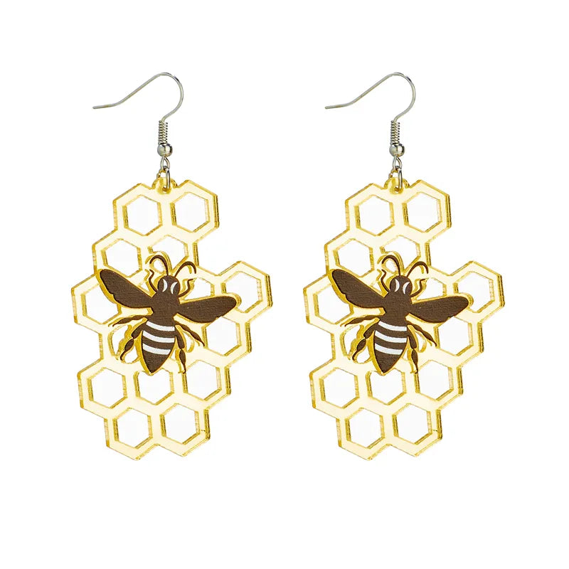 Cute Honeycomb Bee Acrylic Hollowed Out Dangling Earrings