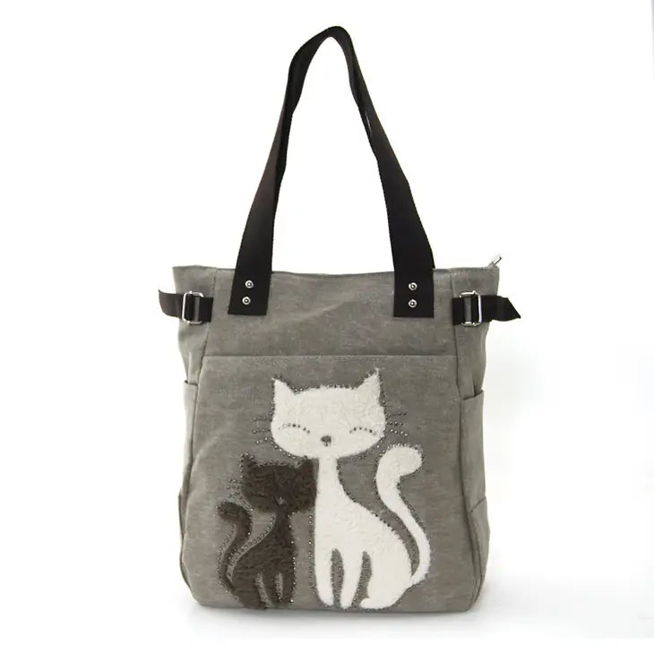 Happy Cats Canvas Tote Bag with Faux Fur and Studs