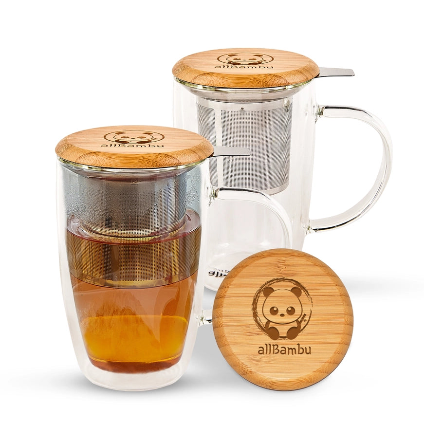 Double Wall Glass Mug with Stainless Steal Infuser & Bamboo Lid