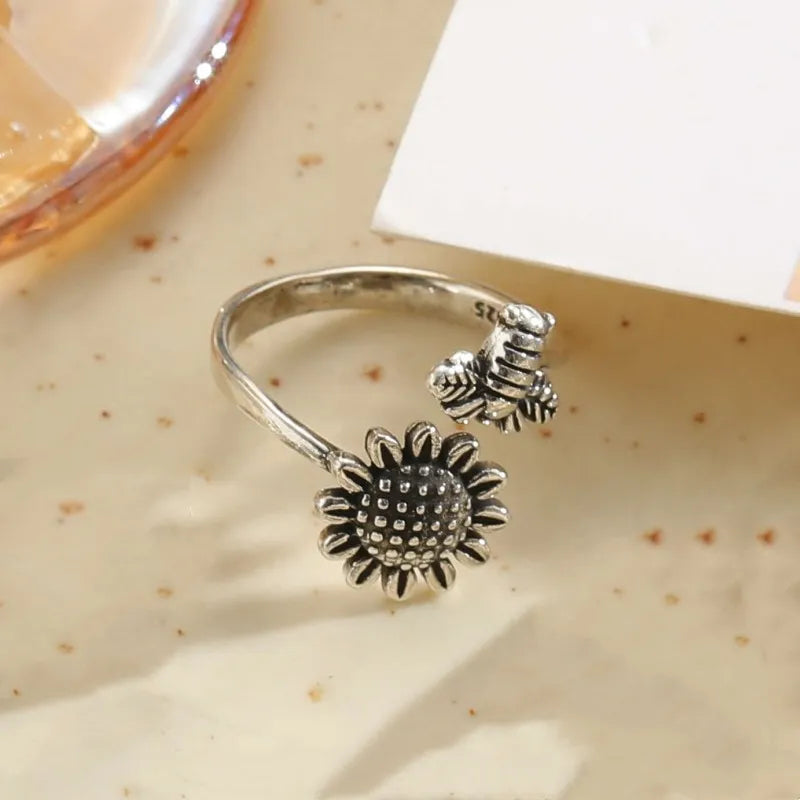 Sunflower & Bee Vintage Style Open Ring