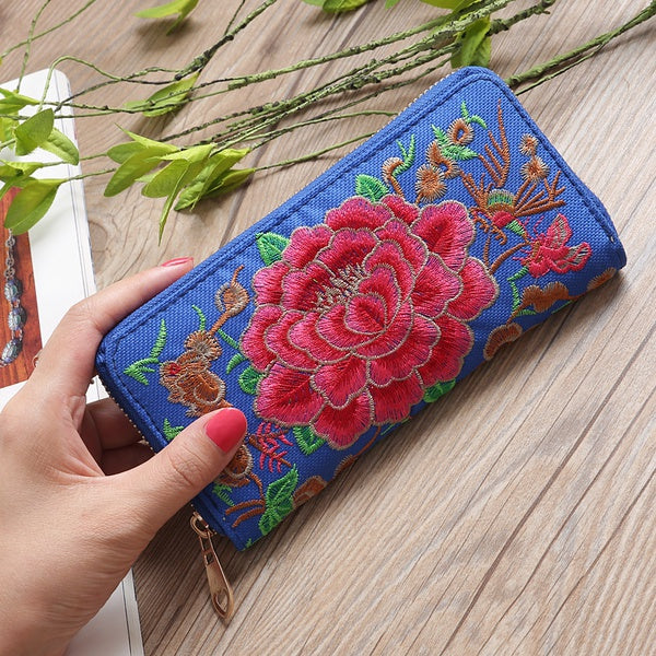 Rose Embroidered Wallet - Blue
