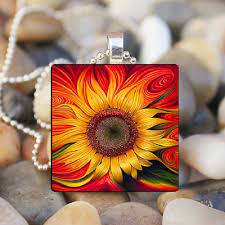 Sunflower Art Glass Tile Pendant